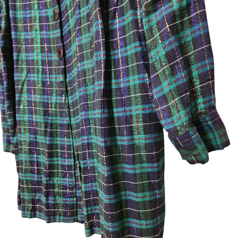 Victoria Jones Tunic Top Size 1X Green Metallic Front Buttons Plaid - Picture 4 of 15